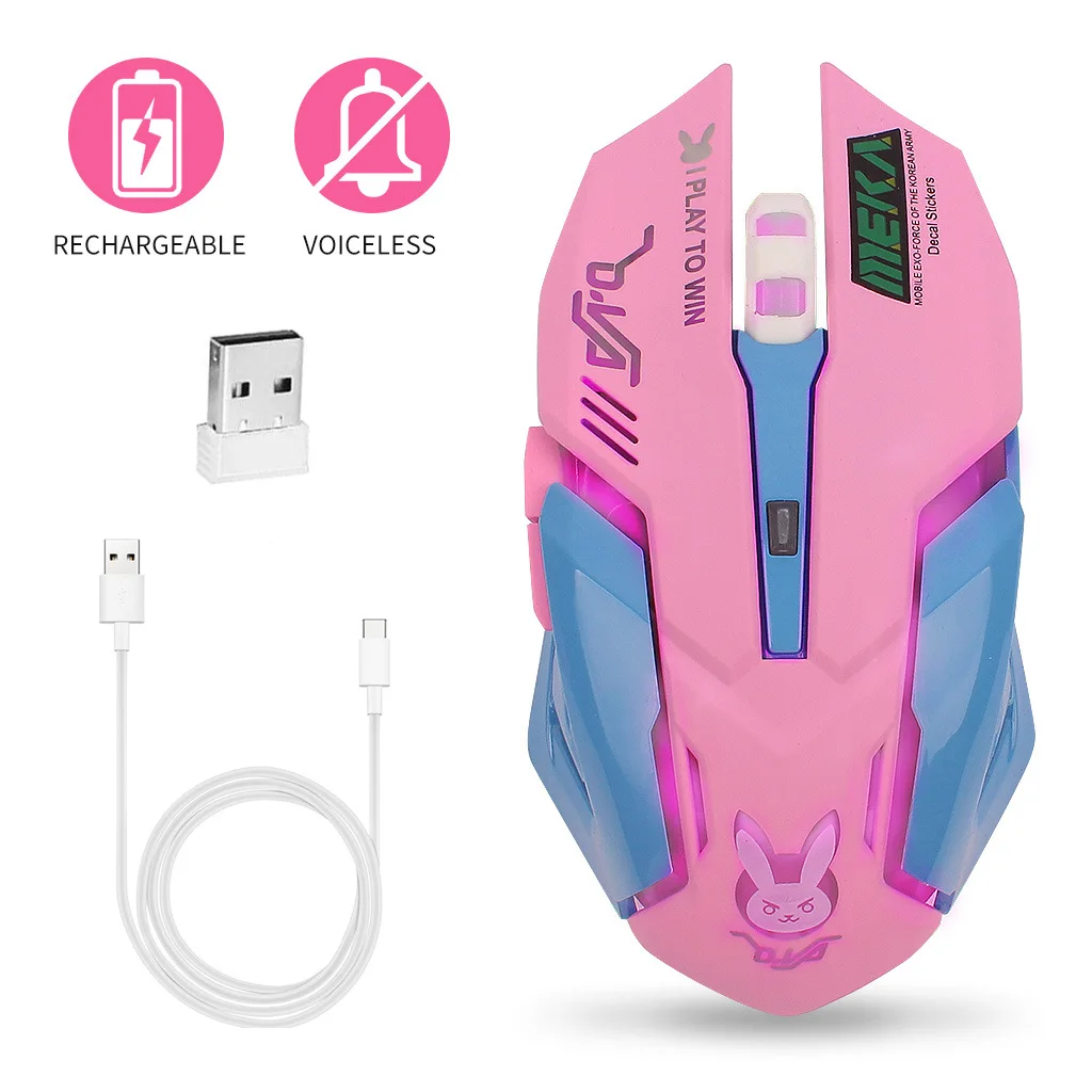 pink 7-Button Gaming Mouse, Silent Wireless Rechargeable Mouse, Anime Style 2.4G Computer Mouse for PC, Office and Travel
