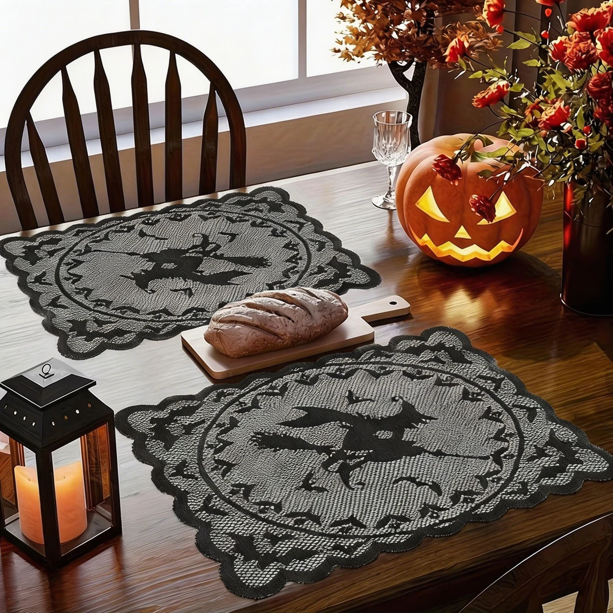 4 Pieces of Halloween Witch Bat Placemats, Dark Gothic Style Party Table Mats, Semi-Transparent Lace Mats, Table Decoration Mats