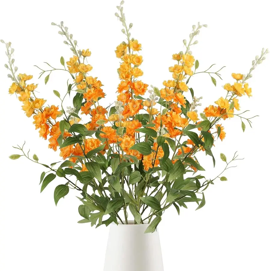 

9Pcs Orange Artificial Delphinium Flowers Combo Clematis Greenery Stems, 33.5" Long Stem Larkspur for Wedding Centerpieces, Brid