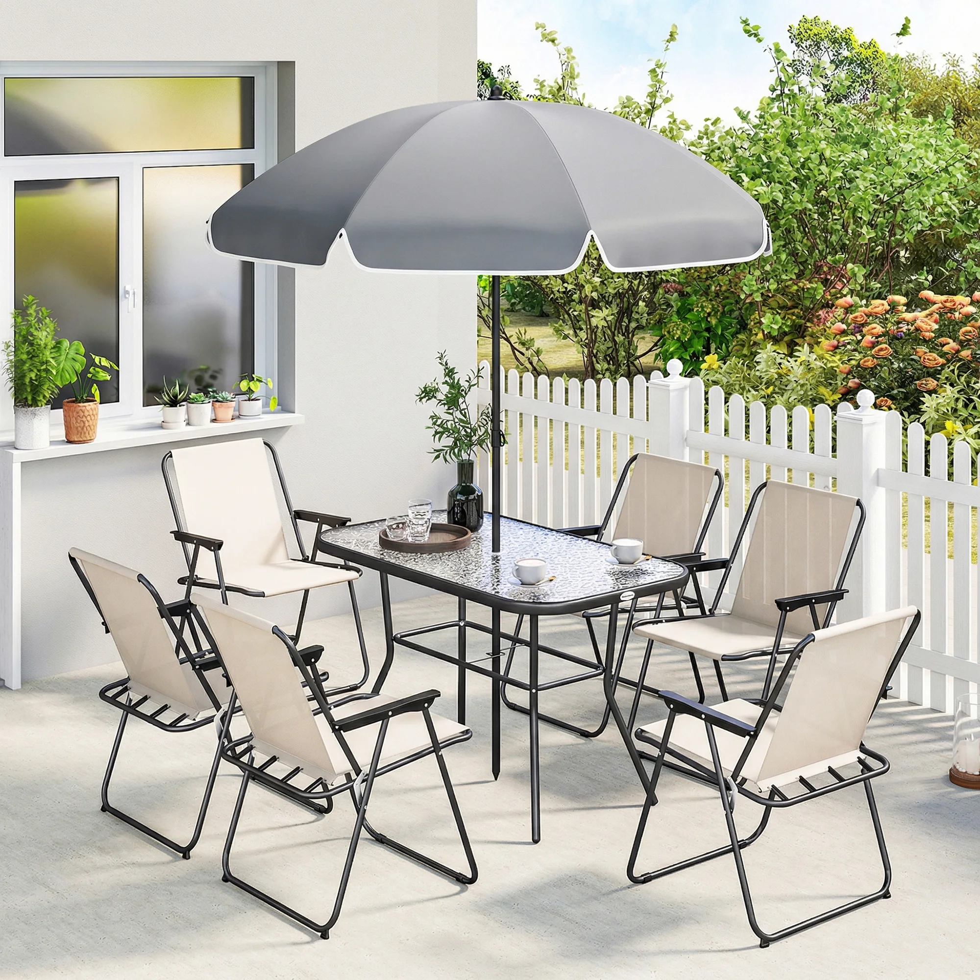 Outsunny Conjunto de Mesa y Sillas Jardín de 8 Piezas, Muebles de Jardín Exterior con Sombrilla, 6 Sillas Plegables, Mesa de Vidrio Templado, para Terraza, Patio