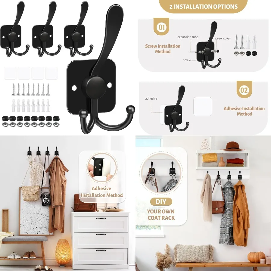 

3-зубчатые крючки для одежды, настенное крепление, металлические самоклеящиеся настенные крючки для прихожей для организации сумок и ключей, прочная черная отделка w