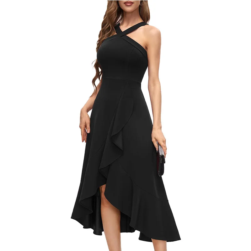 

Sexy A-Line Prom Gown Modern Halter Neck Ruffles Asymmetrical Hem Sleeveless Cocktail Wedding Party Evening Dress Women's Gown