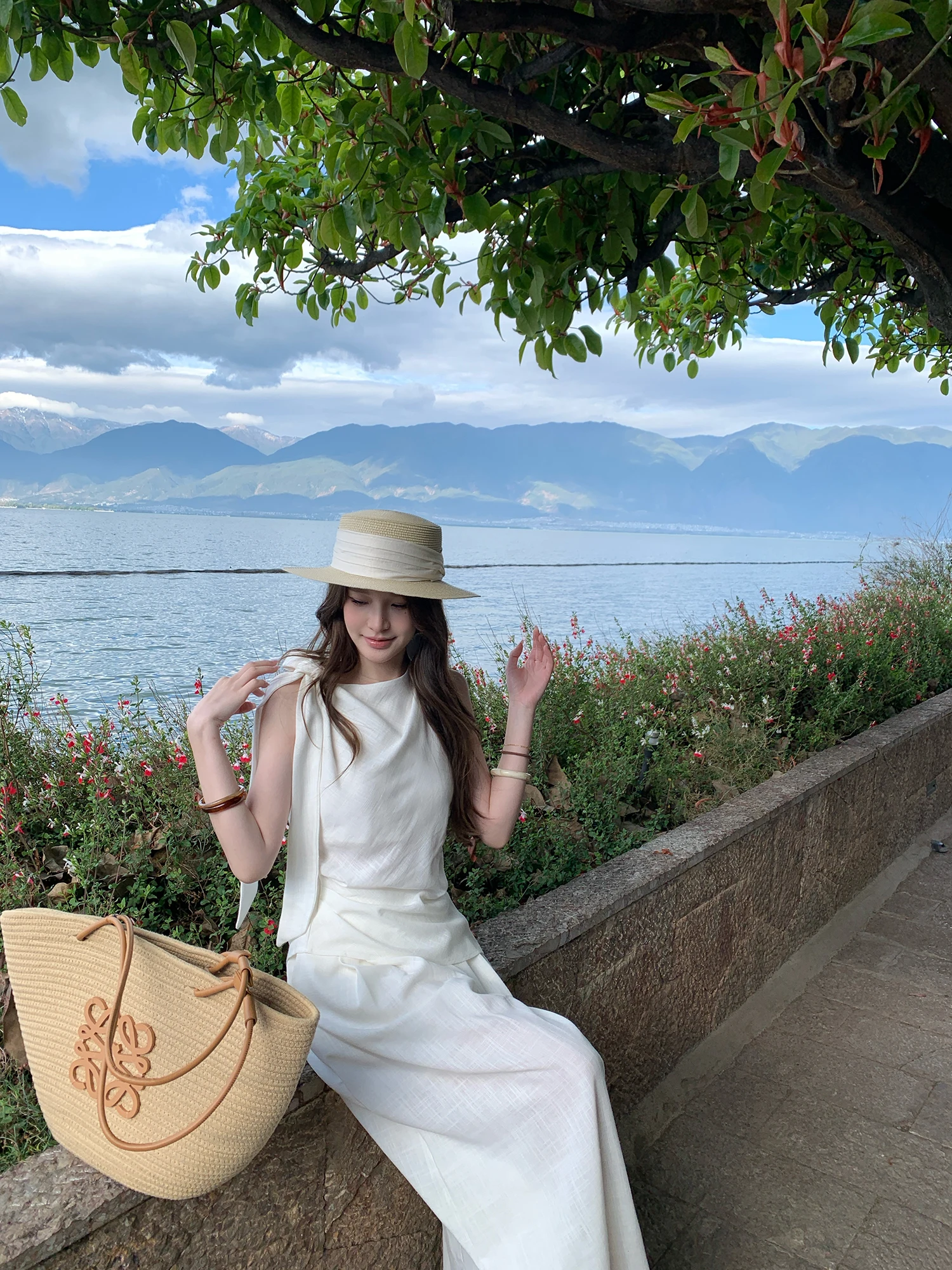YEAHLOU Yellow One-Button Linen Sleeveless Draped Wide Leg Pants Set Holiday Two-Piece Suit Summer Commute Style Gown