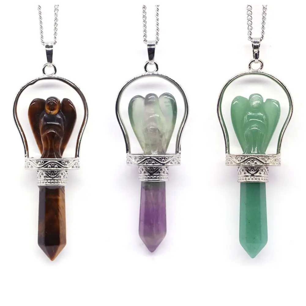 

Crystals Angel Hexagonal Point Wand Pendants Necklaces Natural Stone Amethyst Fluorite Carve Reiki Healing Pendulum Jewellery