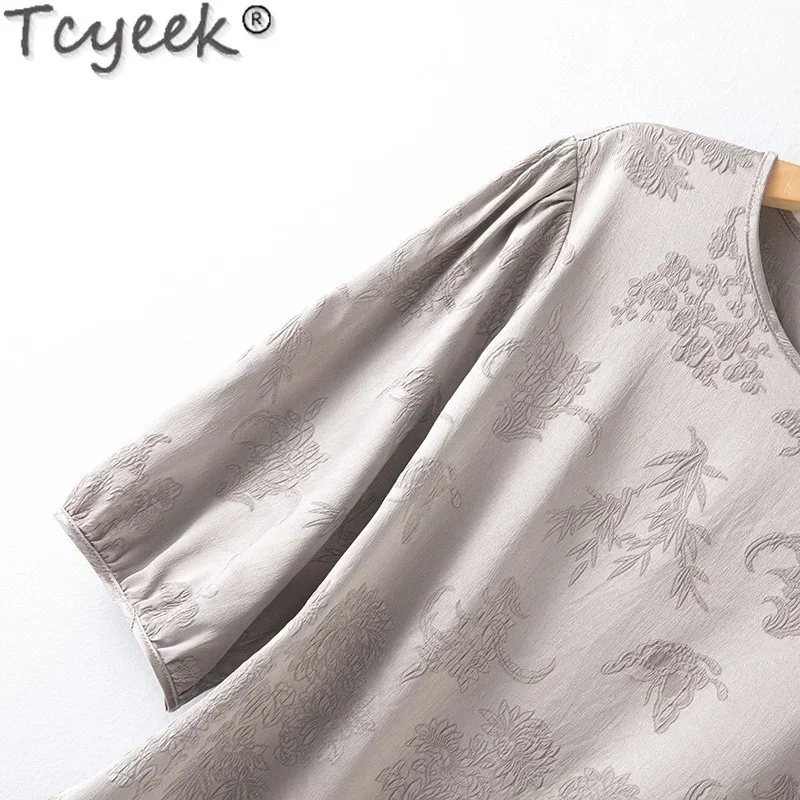 Tcyeek 93% Mulberry Silk T-shirts for Women Summer Clothes Elegant Women\'s T-shirt Womens Tops 2024 Casual Top Топ Женский