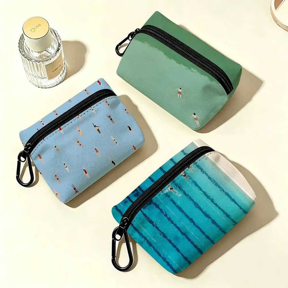 Minimalist Abstract Light Green Seawater Swimming Art Anti-fade Oxford Cloth Small Zipper Coin Bag Hanging Wallet For Coins ID C