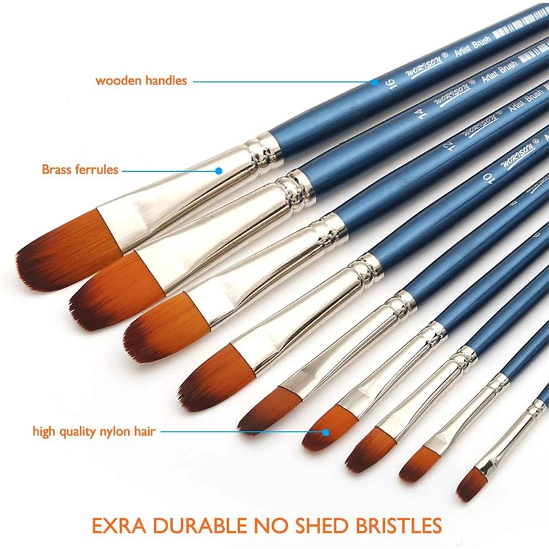 Filbert Paint Brushes Set, 9 Pcs Professional Artist Brush for Acrylic Oil Watercolor Gouache Painting Long Handle Nylon Hair