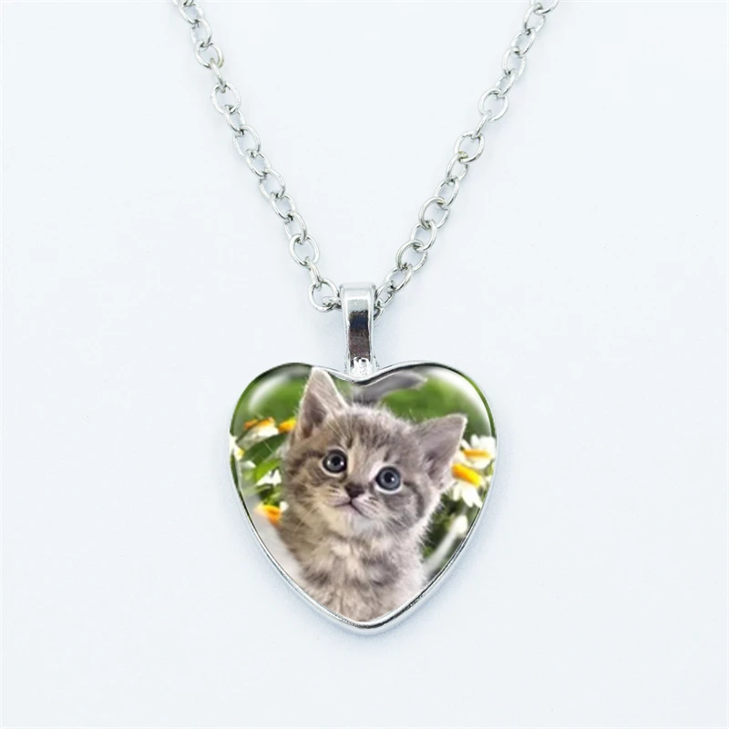 Cute Pet Cat Heart Pendant Necklace For Women Fashion Metal Glass Gem Face Fine Chain Jewelry Child Gift Accessories