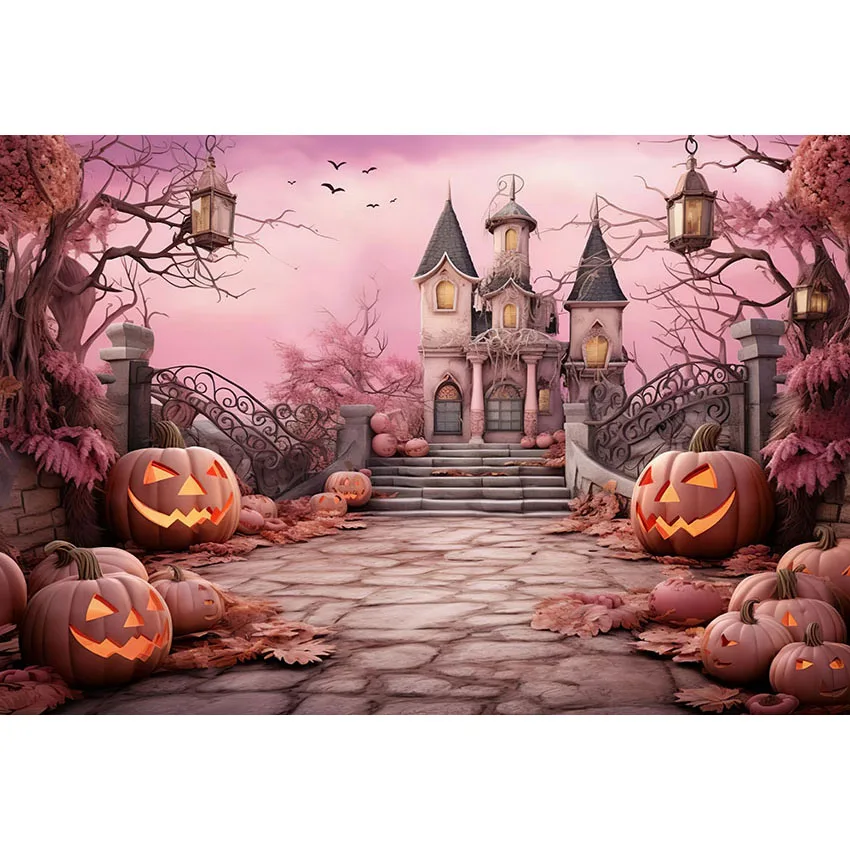 Mehofond Halloween Backdrop Pumpkin Pink Wall Castle Bats Children Portrait Photography Background Photo Studio Photocall Props