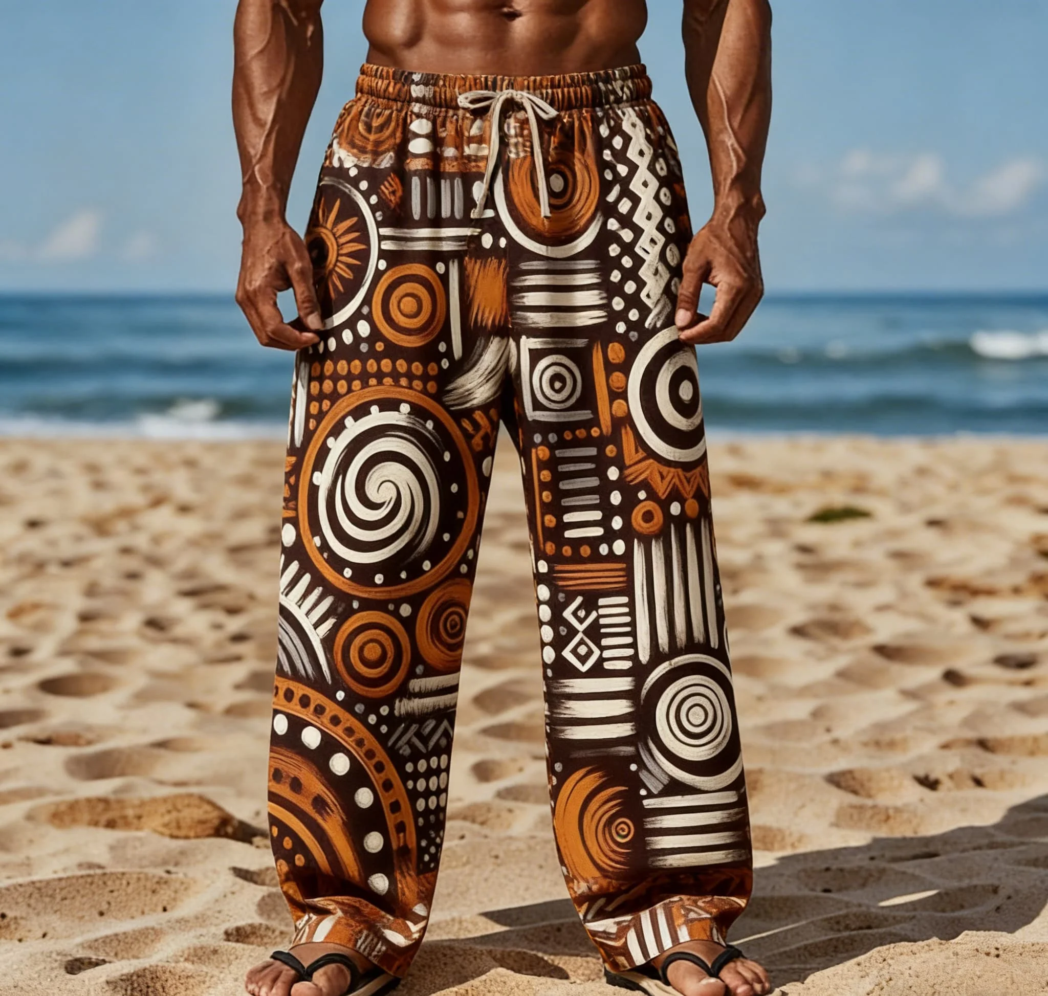Herren Sommerhose im neuen Stil, afrikanischer Totem-Print, weites Bein, gerader Schnitt, lockere Passform, Strandurlaubs-Stil – Detail 5