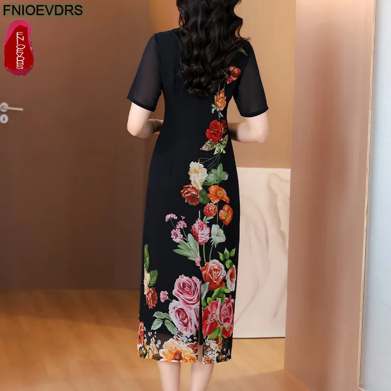 Chic ผู้หญิงเกาหลี Vestidos ผู้หญิงสไตล์จีน Elegant Lady ดอกไม้ Retro Vintage ยาว Maxi สีดําเสื้อคอปกชุด