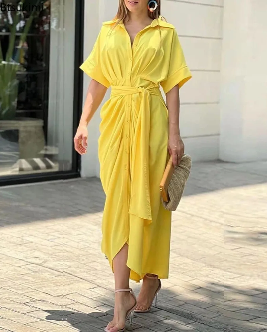 Neue Frauen Hohe Taille Hemd Kleid 2025, Sommer Klassische Feste Dünne Kurzarm Kleid Weibliche Modische Casual Büro Lange Skir