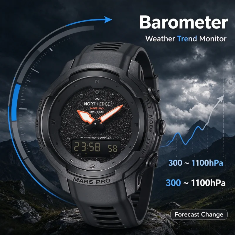 NORTH EDGE MARS PRO Men Outdoor Watch Analog Digital Dual Display Carbon Fiber Altimeter Barometer Compass 50M Waterproof Sports