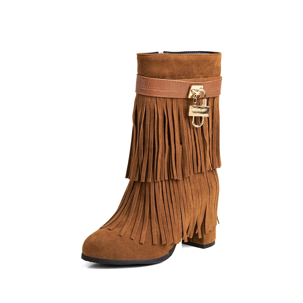 New Winter Mature Brown Black Women Mid Calf Riding Boots Hot High Heels Lady Nude Shoes Plus Small Big Size 33 13 43 46 52 view 2