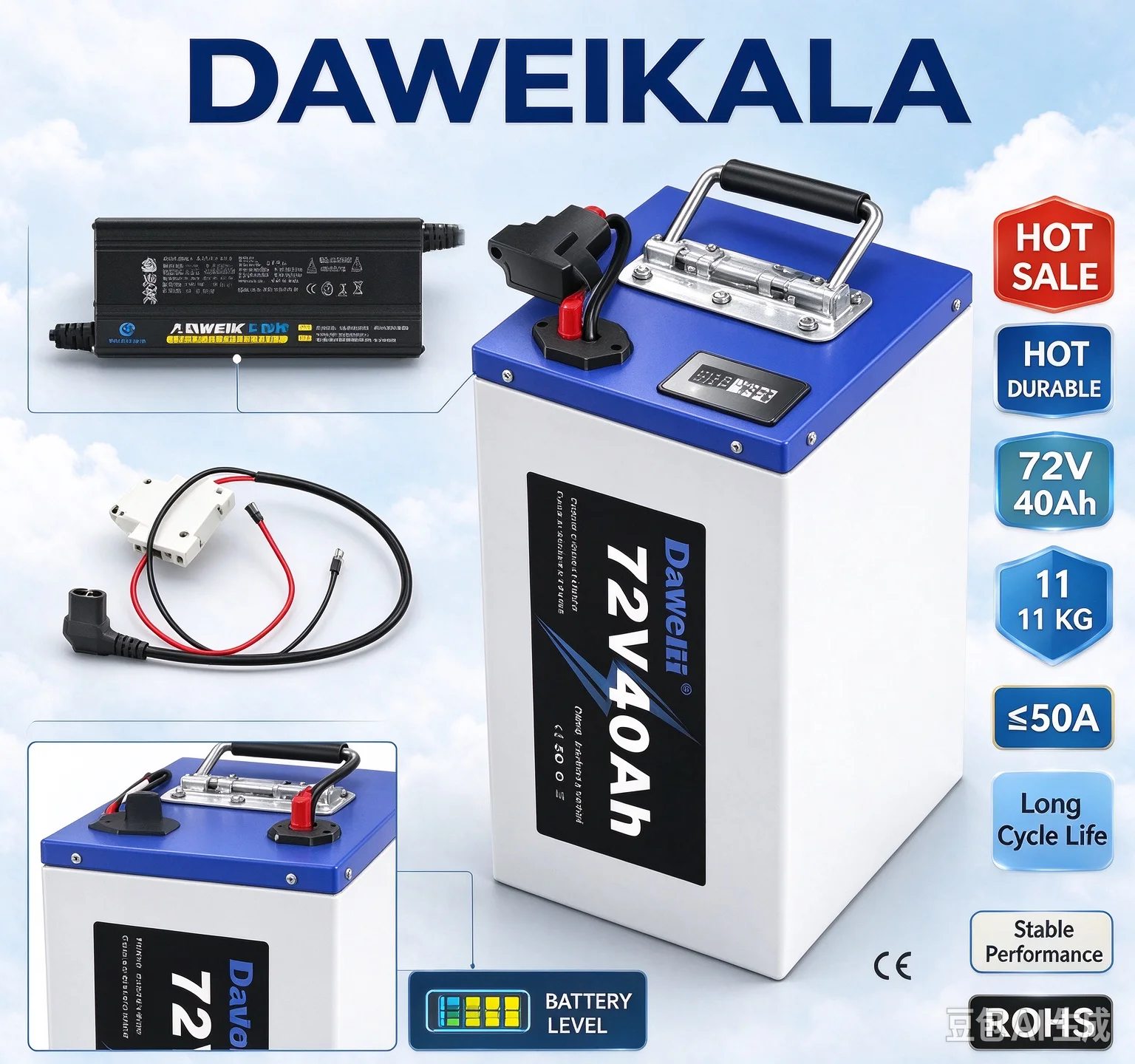 72V40Ah NMC Lithium-Batteriepack für Elektromotorräder, integriertes BMS, Motorleistung ≤3500W, Komplettset mit Ladegerät und Leistungsschalter