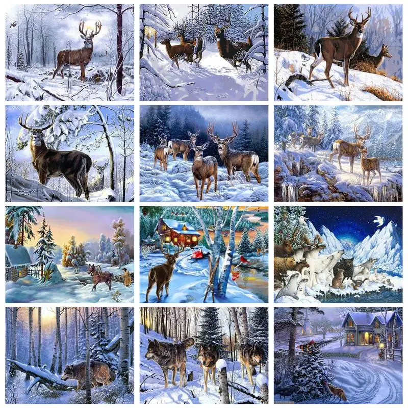 

RUOPOTY Oil Painting By Numbers For Handicrafts Snow Elks Picture Drawing Wall Art Acrylic Paints Adults Crafts Deer Winter Scen