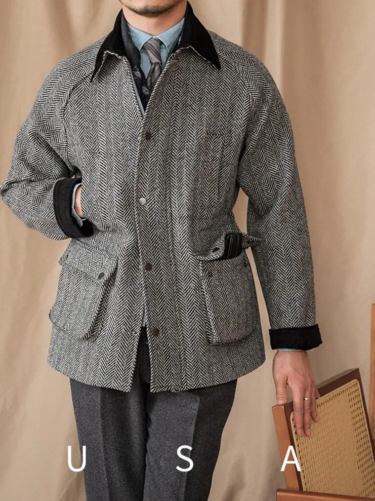 100 Wool Herringbone Heavy Vintage Warm Jacket Vintage Lapel Gentry Italian Monkey Jacket