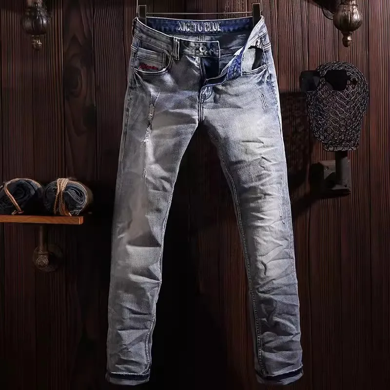 

Street Fashion Men Jeans Retro Light Blue Stretch Slim Fit Hole Ripped Jeans Men Embroidery Designer Vintage Denim Pants Hombre