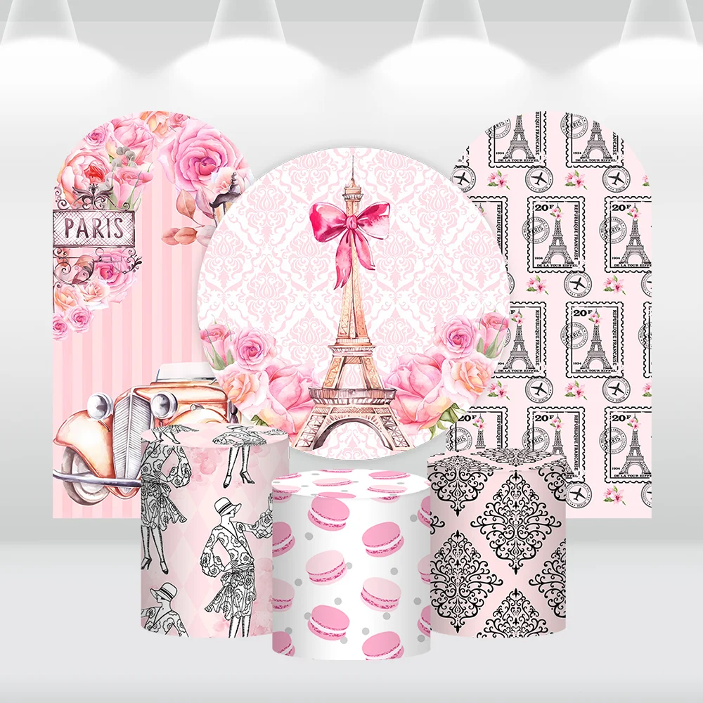 

Pink Eiffel Tower Round Arch Backdrop for Girls Birthday Decoration Photocall Girls Birthday Background Chiara Wall Banner