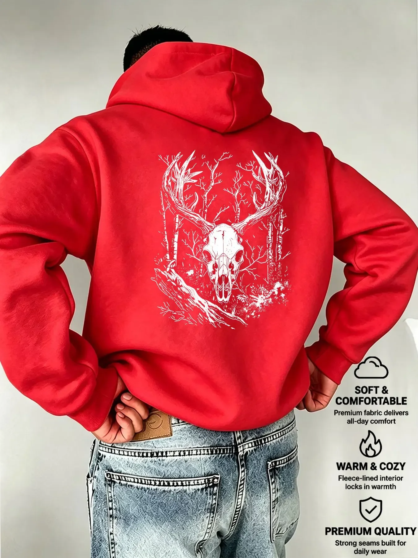 Dark Vintage Forest Deer Skull Print Hoodie Men Wilderness Gothic Street Loose Pullover Hooded Sweatshirt Autumn Winter Fleece