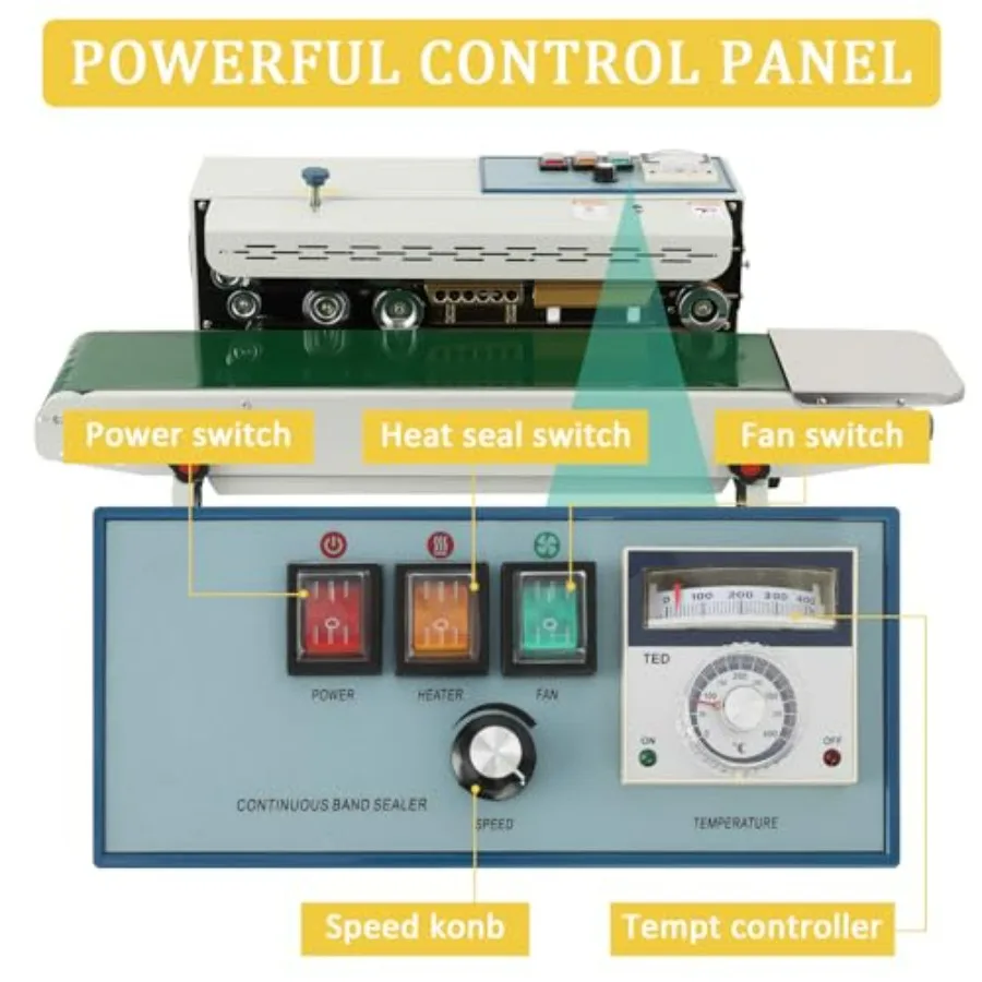 Continuous Bag Band Sealing Machine 110V with FR900 Automatic Horizontal Band Sealer with Temperature Control for Commercial PP