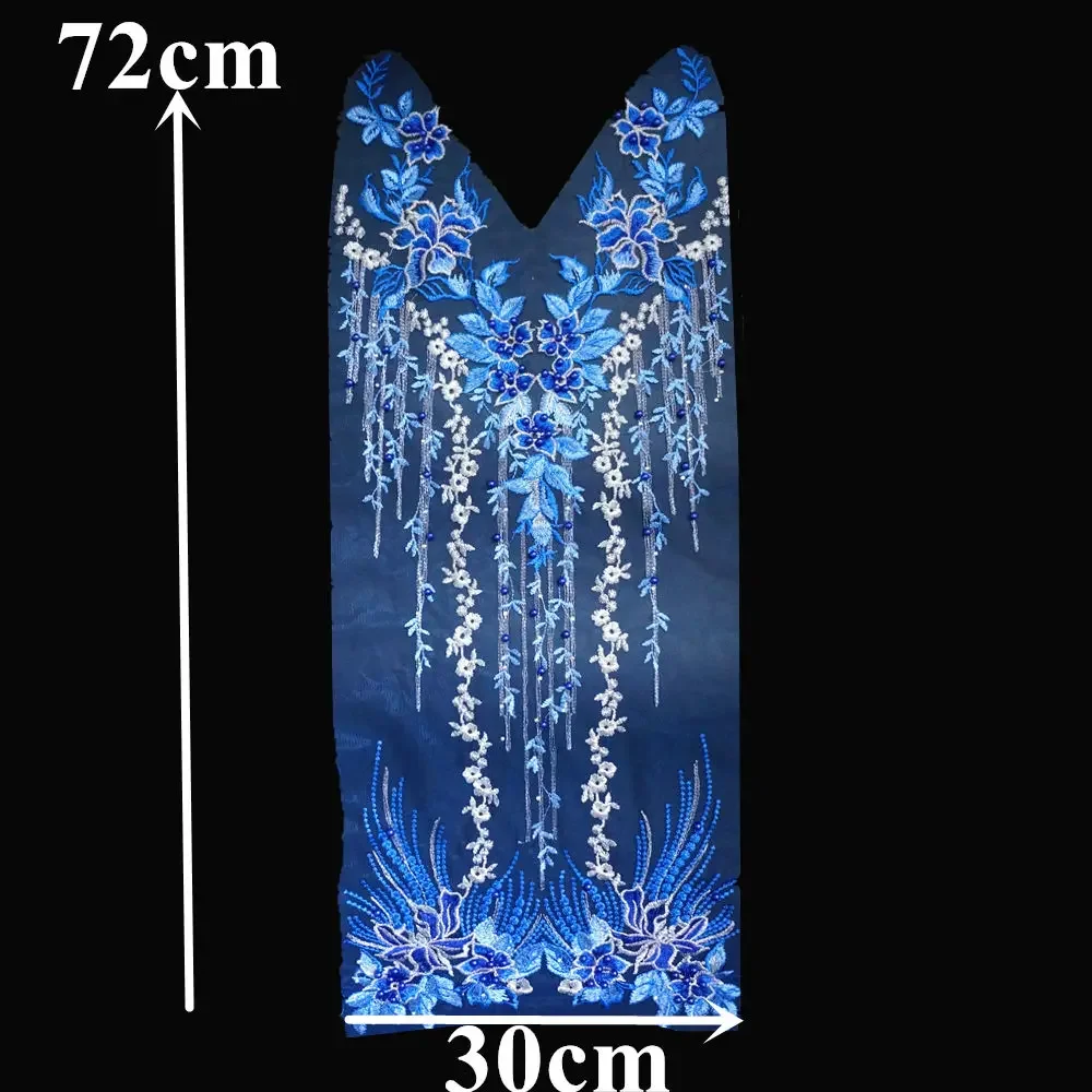 Niebieska koronka tkaniny kwiatowe koraliki Rhinestone V kołnierz haftowana suknia aplikacje Mesh Sew Patch na ślub sukienka dekoracyjna DIY — zdjęcie 6