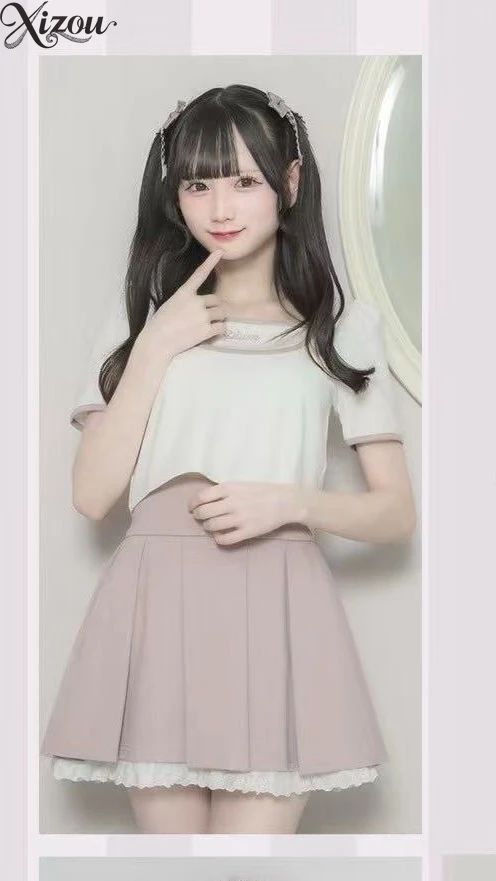 2025 conjunto de falda de mujer de cintura alta A-line Mini Y2K Primavera Verano Casual coreano japonés Patchwork camisa de manga corta traje plisado