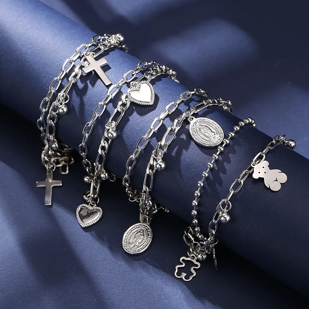 Y2K Dark Alloy Double Layer Pendant Bracelet for Women Punk Heart Bear Charm Bracelets Girls Hip Pop Jewelry Wholesale