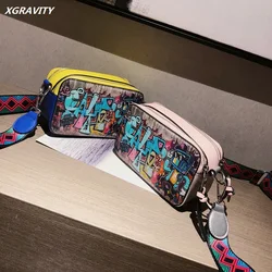 New Girls' Graffiti Camera Bag 2024 New Fashion Print Wide Shoulder Strap Small Square Bag Women's Personalized Shoulder Bags