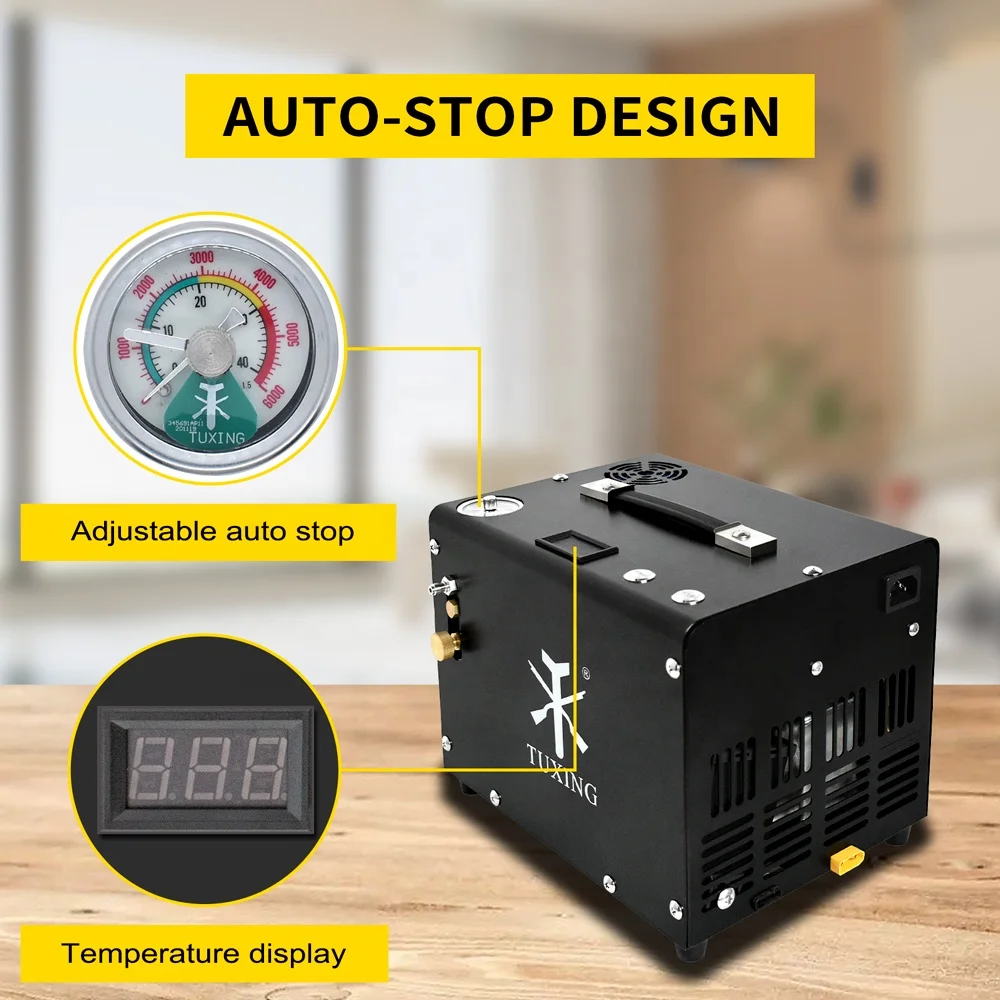 TUXING High Quality 12V Auto Stop 4500psi 300bar Oil-Free Car-Battery    Power Hunting Paintball PCP Air Compressor