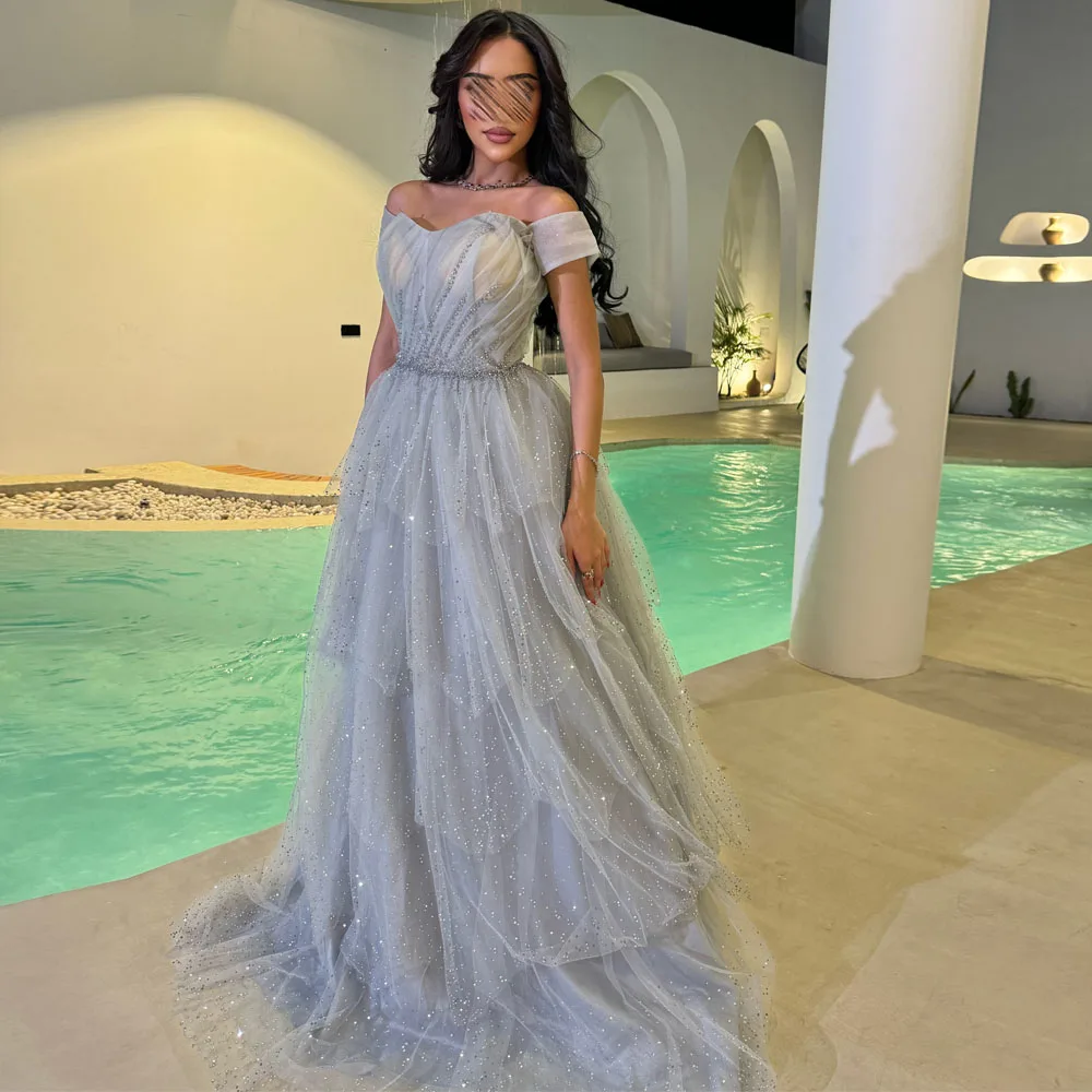 

Customized Sparkling Beaded Prom Dresses Off the Shoulder Ruffles Tiered Birthday Party Gown Tiered Tulle Formal Maxi Dress
