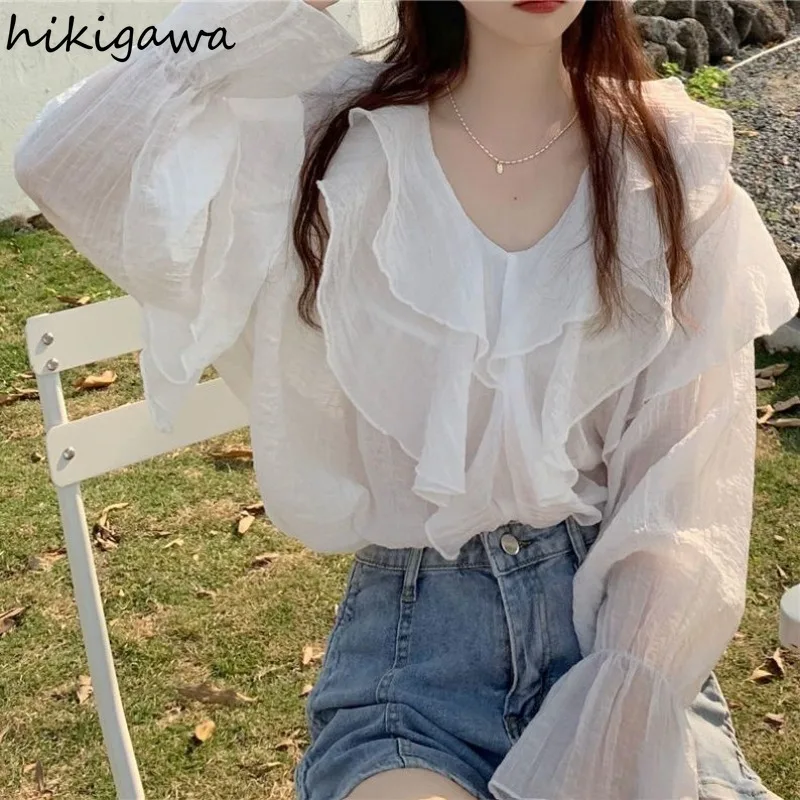 2024 Camisas De Mujer White Blouse Women\'s Clothing V-neck Long Sleeve Sweet Shirts Loose Fashion Summer Thin Blouses Tops 7o335