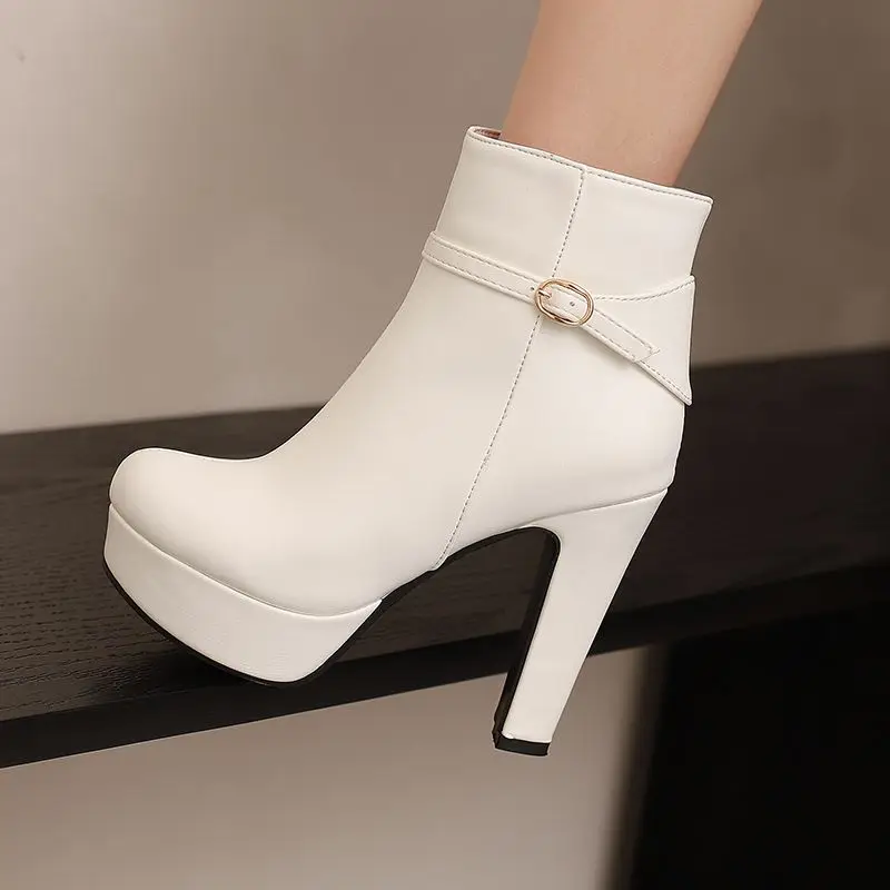 ASILETO 2025 Fashion Women Ankle Boots Round Toe Block Heels 12cm Platform 3.5cm Zip Strap Buckle Large Size 48 49 50 US18