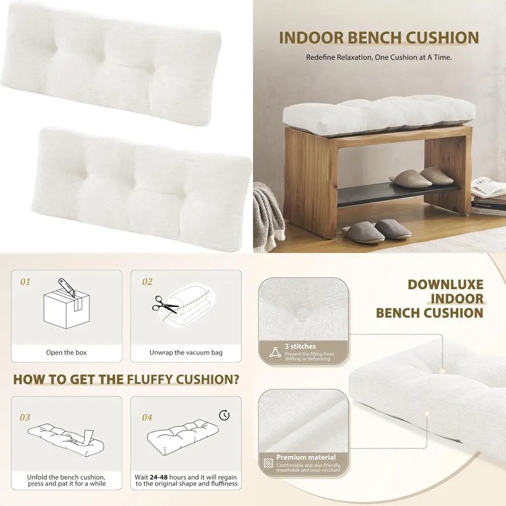 Almofada de banco de espuma tufada grande, antiderrapante, 36 x 14 x 4 polegadas, bege, pacote com 2