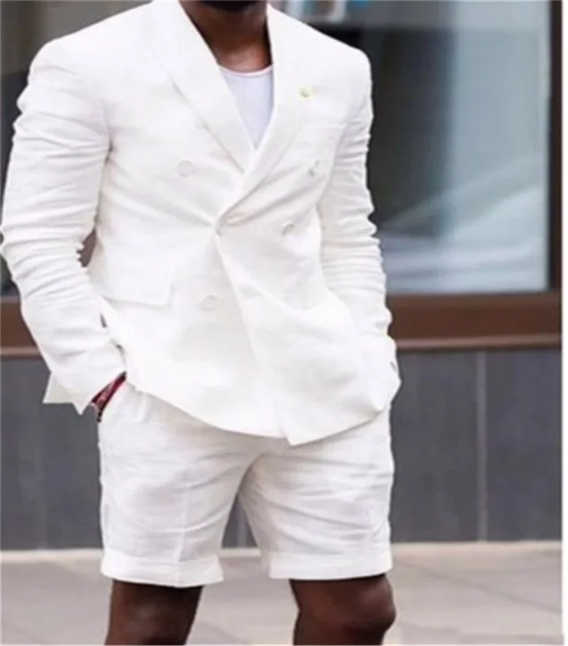 

New Double Breasted Light Wedding Men Suits Short Pants Groomsman Terno Masculino Beach Summer Groom Best Man Blazer