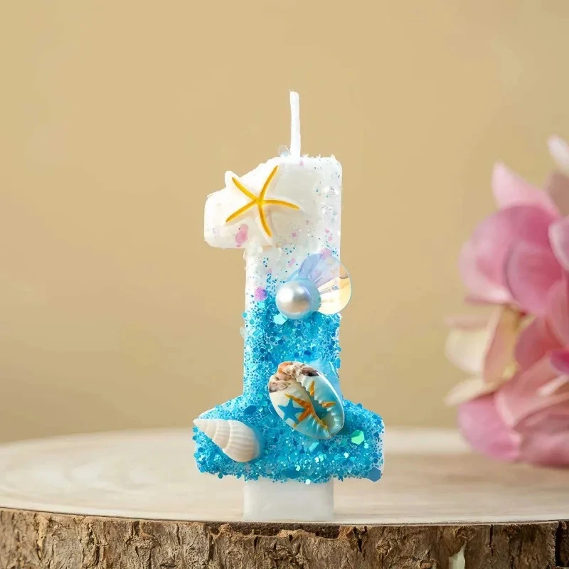 Ocean-themed Digital Candles, Blue Glitter Birthday Cake Decorations, Perfect for Summer Beach Parties view 2