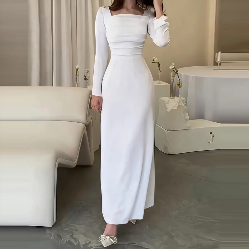 2025 casual manga longa fino ajuste vestido branco feminino elegante drapeado cintura vestido de casamento moda pescoço quadrado temperamento vestido longo