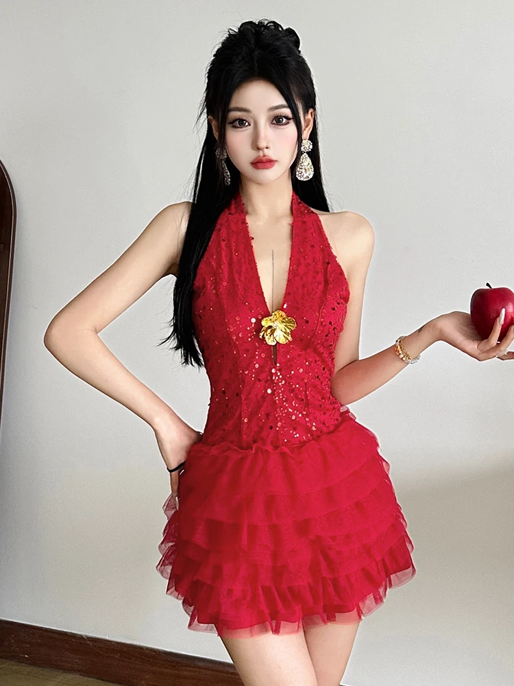 

WEIRD PUSS Chic Sequin Deep V Ne Hanging Neline Dr Women's Flower Decoration Layered Cake Skirt Sexy Summer Dr