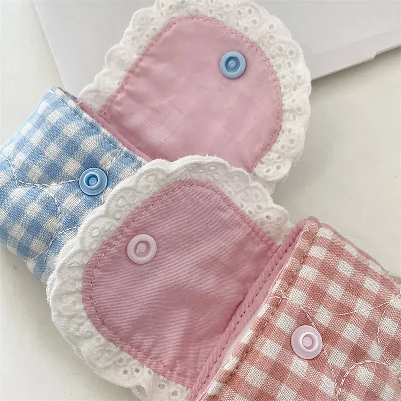 

Sweet Lace Floral Coin Purse Mini Cute Fashion Pink Blue Plaid Headphone Protective Case Portable Small Storage Bag for Girls