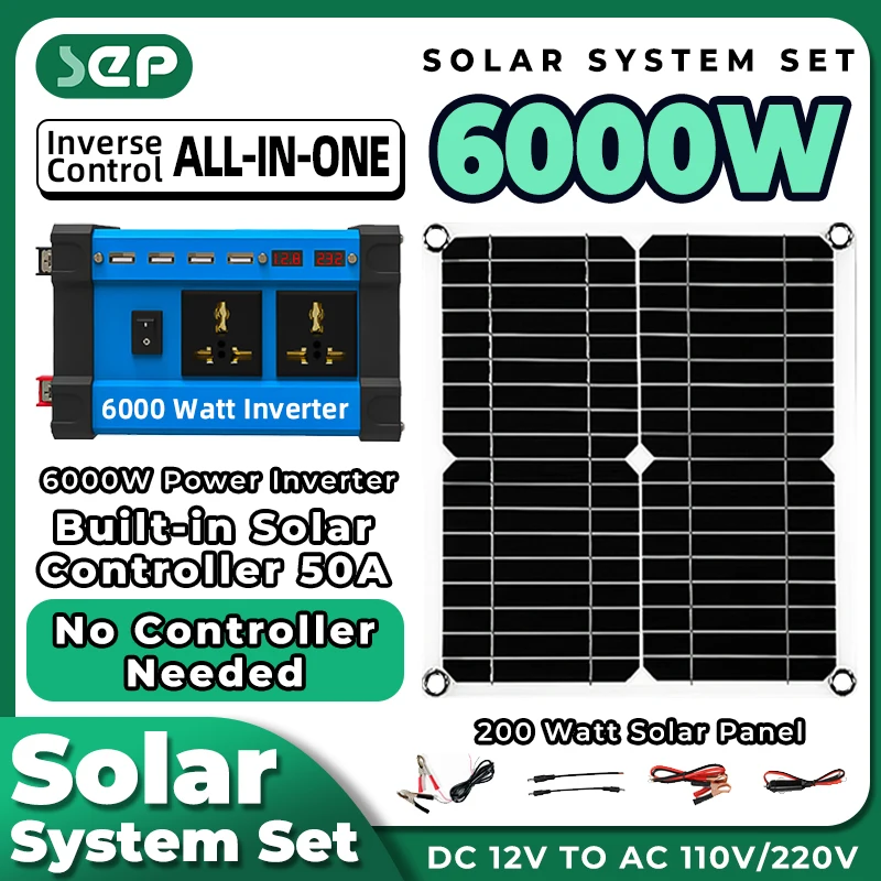 

Solar Home Panels 6000w Inverse Control All-in-one Inverter 200w 5v Solar Panel 30a Controller Integrated Solar Energy System