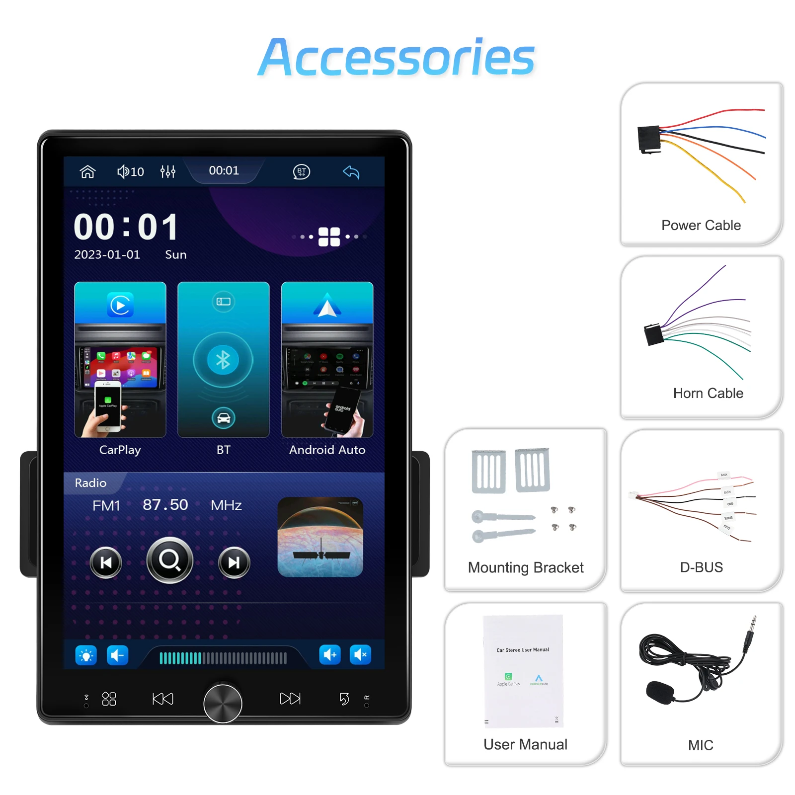 Camecho 1 Din Autoradio 10,4 Zoll Drehbildschirm Drahtloses Carplay Android Auto Stereo Bluetooth Spiegellink USB Multimedia Player