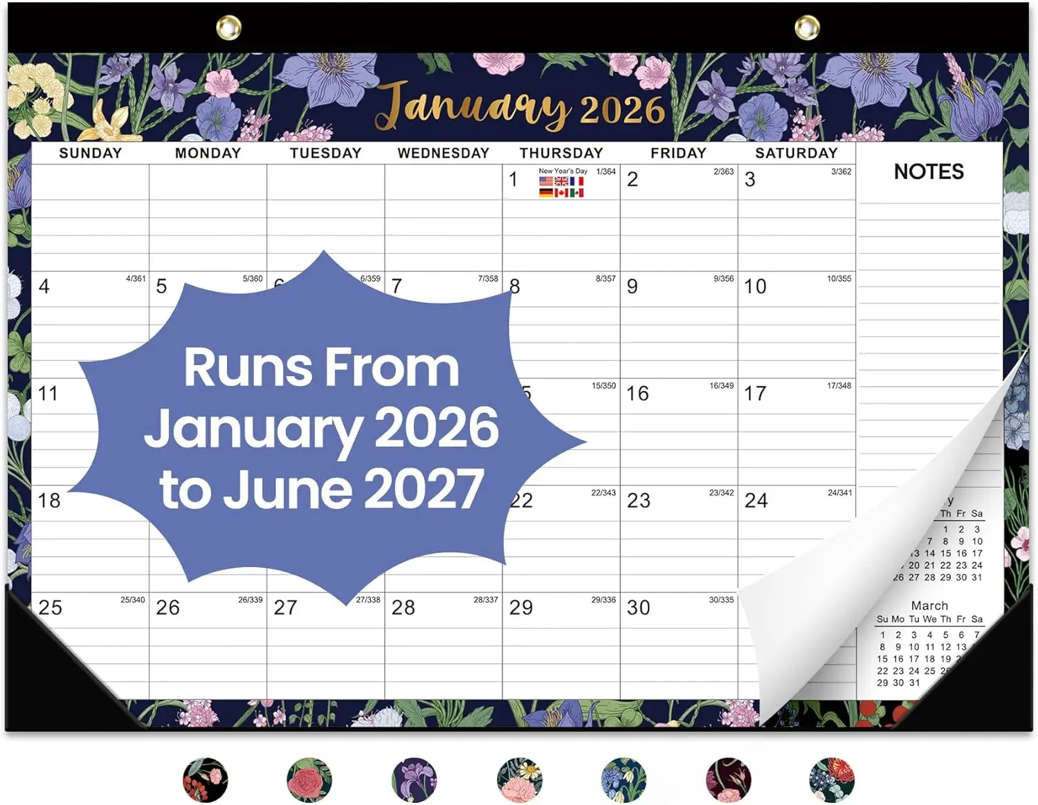 

18-Month Desk Calendar 2026-2027, 17"x12" Monthly Planner, Elegant Floral Design for Home Office School
