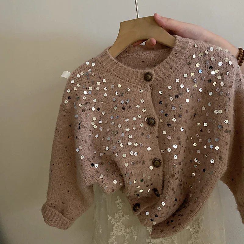 

Kids Toddler Girls Autumn Sequined Knitted Sweater Jacket Baby Tops Outerwear New Style Cardigan Top Lace Pants