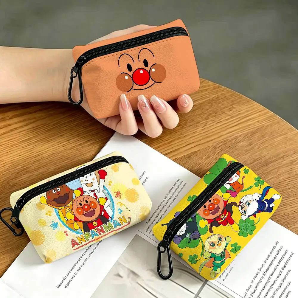 A-Anpanman Anime White Oxford Cloth Zipper Coin Purse Lightweight Hanging Key Pouch Card Holder For Daily Use