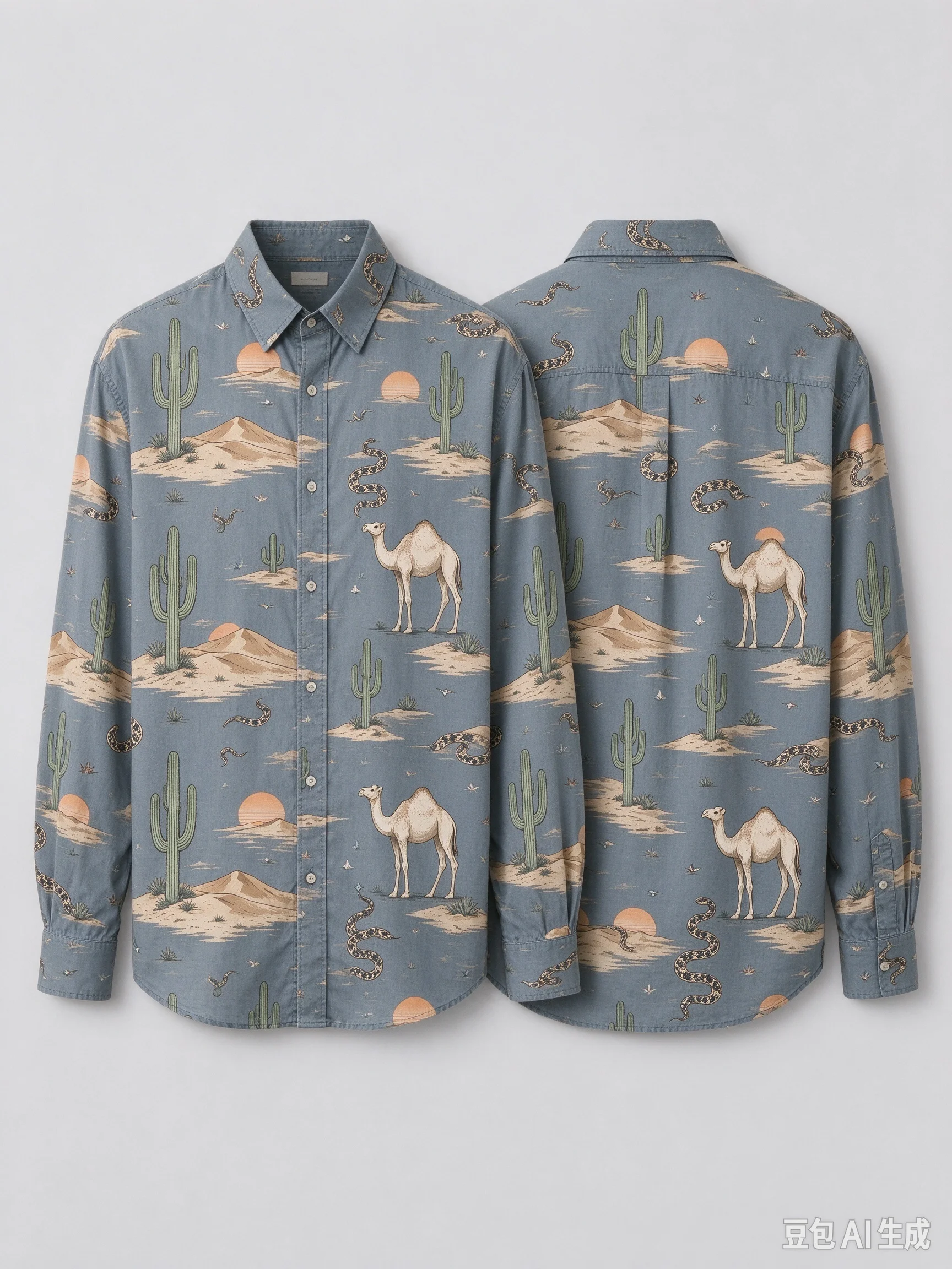 Unisex All Over Desert Print Long Sleeve Shirt, Loose Button Down Shirt with Front & Back Pattern for Men Women Western Desert