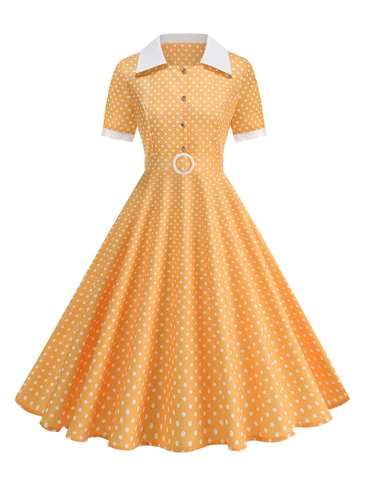 Vintage Women's Summer Dress Polka Dot Peter Pan Collar Sweet Short Sleeve A-Line for Diner & Party - view 5