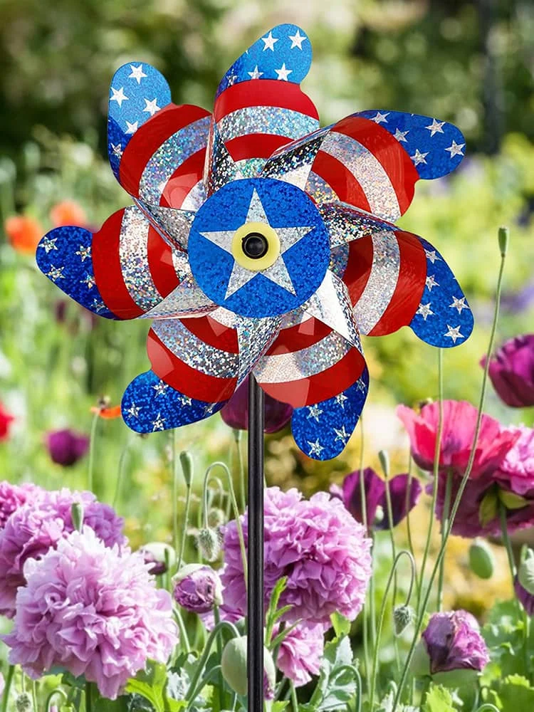 USA Flag Reflective Rotating Pinwheel Bird Scare Windmill Outdoor Wind Spinner with Garden Stake for Outdoor Yard Lawn & Garden