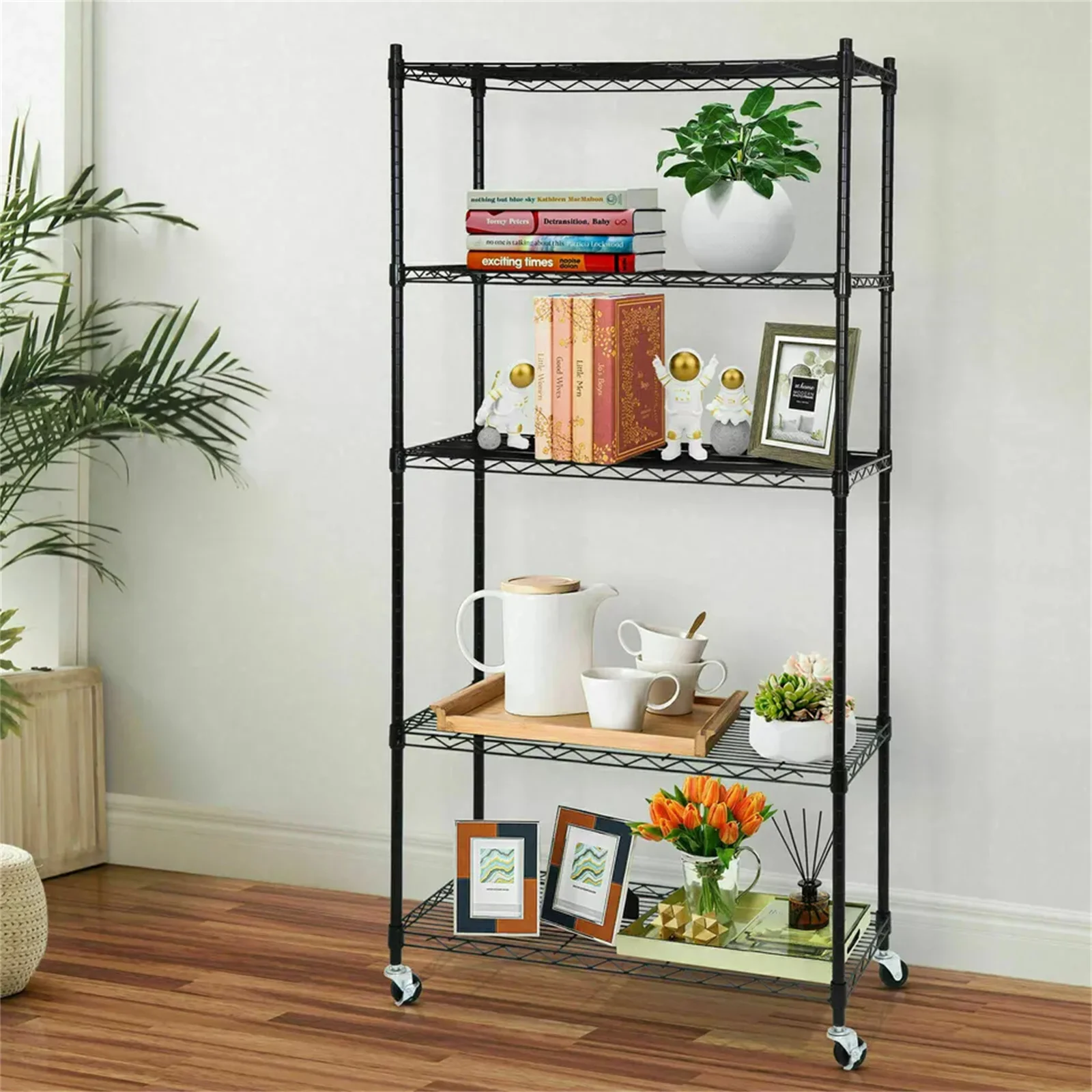 

5-Tier Storage Wire Unit Rack Large Space Shelves Rolling with 4 Wheels Casters