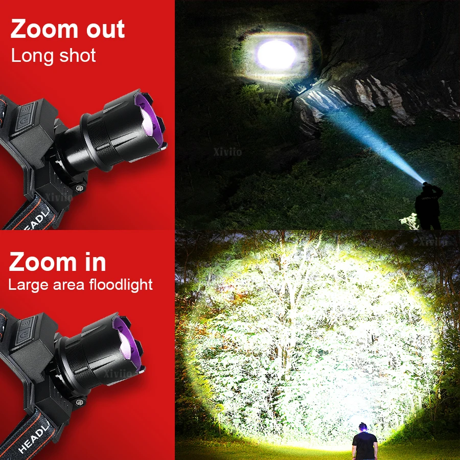 ไฟฉายคาดศีรษะที่ทรงพลังที่สุด 4500000LM ไฟฉายคาดศีรษะแบบชาร์จไฟได้ 18650 ไฟฉายคาดศีรษะกำลังสูง ไฟฉายคาดศีรษะ UV สำหรับตั้งแคมป์ ล่าสัตว์