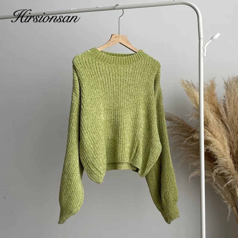 Hirsionsan-Suéter feminino grosso de Chenille, manga lanterna coreana, pulôver de malha, macio, quente, sólido jumper curto feminino